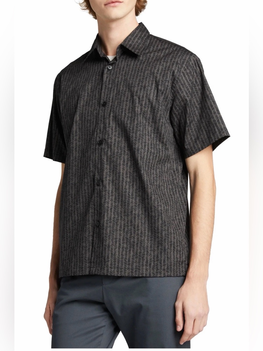 Theory Men's Short-Sleeve Button-Down Shirt in Charcoal Gray Pattern better on L